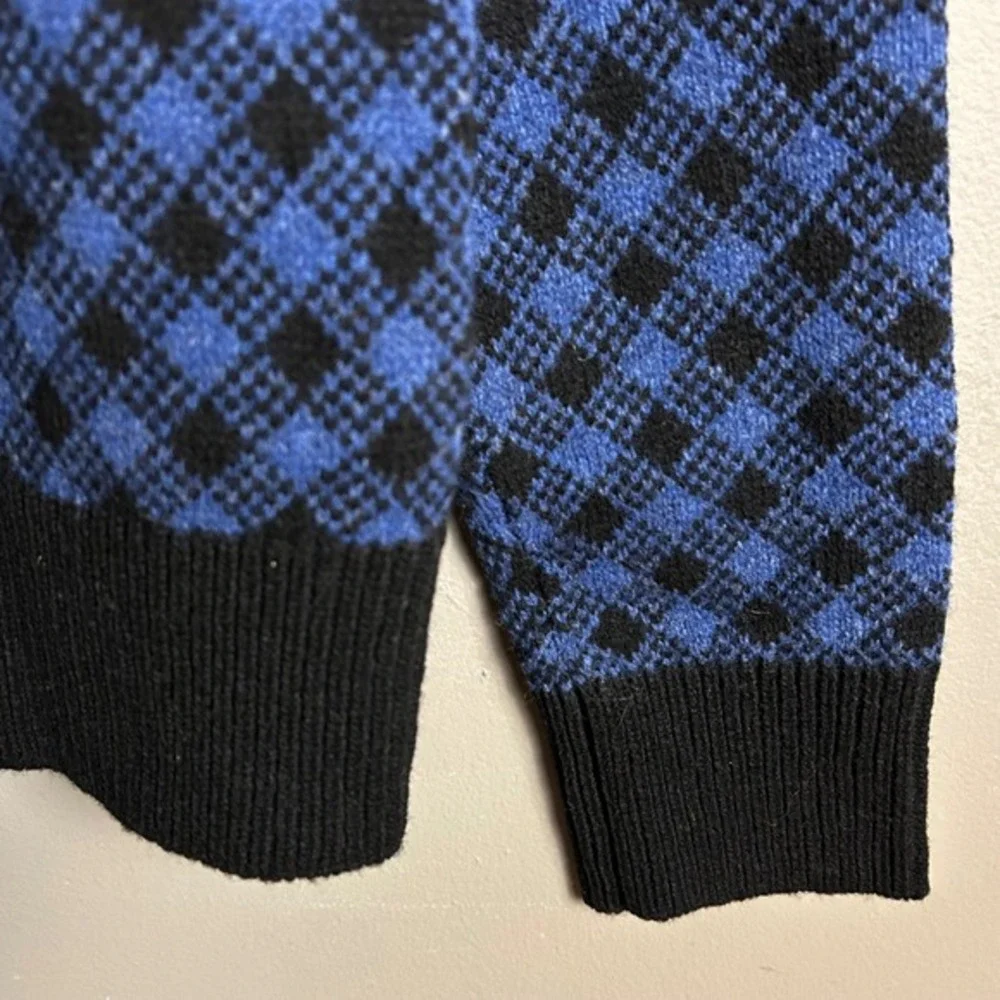 J Crew Lambswool Sweater Men's Small Blue‎ Black Gingham Check Crew Neck Preppy